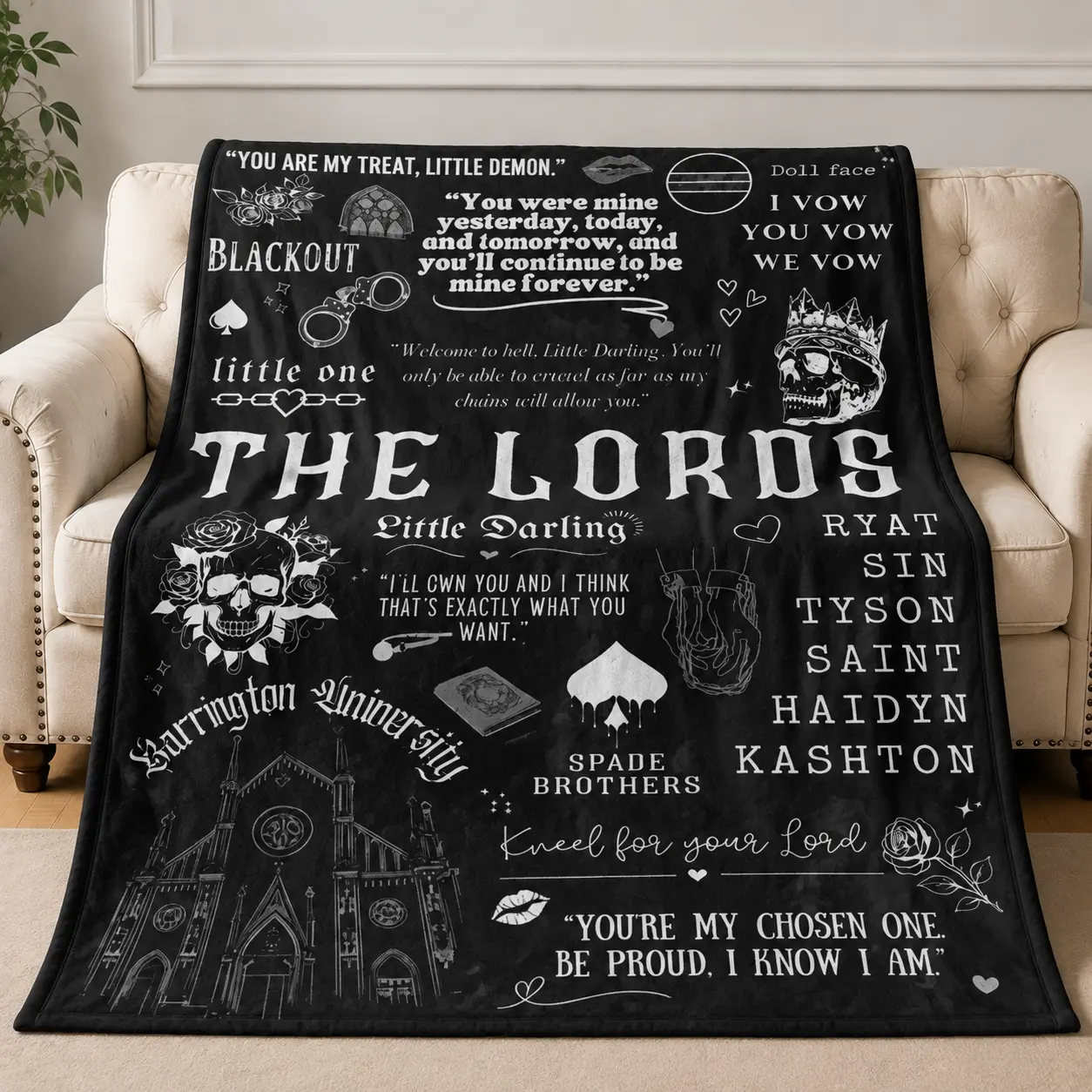 The Lords Spade Brothers Dark Romance Fleece Blanket | Barrington University Quote Collage Design | Perfect for Book Lovers, Ideal for Book Nook & Bedroom Decor