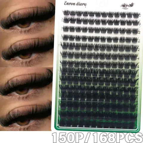 168PCS Fluffy D Curl Individual Lash Clusters Cat Eye 150D DIY Cluster Lashes Thick&Natural Look&Long Lasting&Ultra Soft Reusable False Eyelash, Eyelash Extensions, For Beginner Use Daily Life&Party, Beginner Friendly Eyelashes