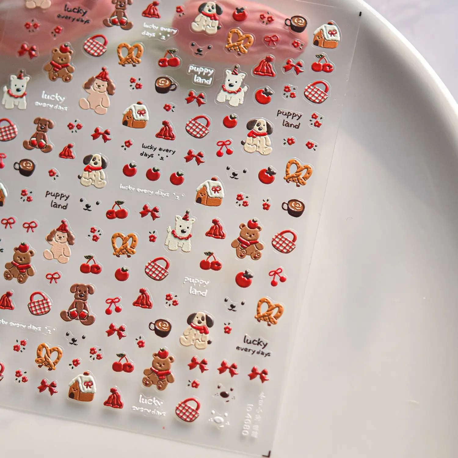 Cartoon New Winter Cherry Dog Embossed Nail Stickers, 3D Bear Bow DIY Cup Tablet Nail Decals, Modern Style Nail Art Supplies