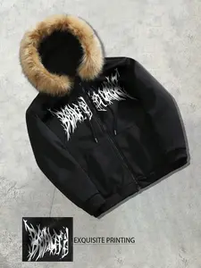 Men's Fleece Lined Hoodie, Comfortable Fabric, Death Metal Print, Casual Long Sleeve, H Type Silhouette, Perfect for Cold Weather