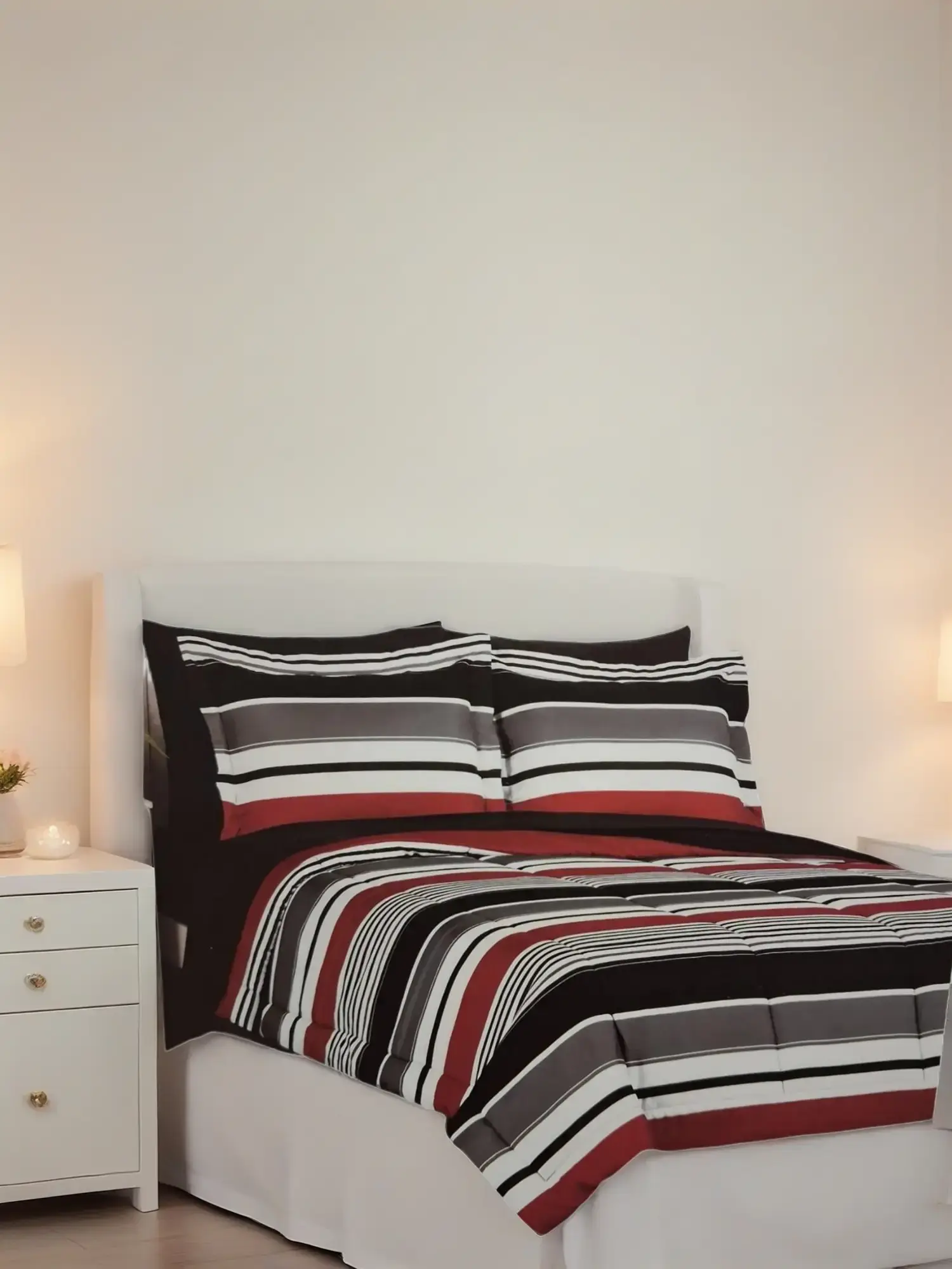 Mainstays All in One Reversible Comforter and Sheet set- 7 Piece, Queen, Red and Black Stripe