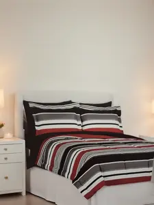 Mainstays All in One Reversible Comforter and Sheet set- 7 Piece, Queen, Red and Black Stripe
