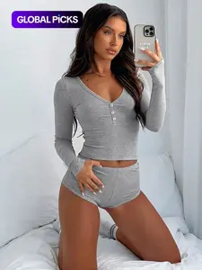 Two-Piece Set Women's Solid Long Sleeve Crop Top & High Waist Shorts Set, Button Front V Neck Top & Shorts Two-piece Set for Spring & Fall, Women's Two-piece Outfits