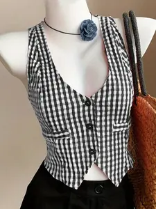 1 Piece Women's Gingham Check Woven Vest, V Neck, Button Front, Faux Pocket, Asymmetric Hem, Lightweight Breathable, Casual Daily Commute Vacation Women's Wear