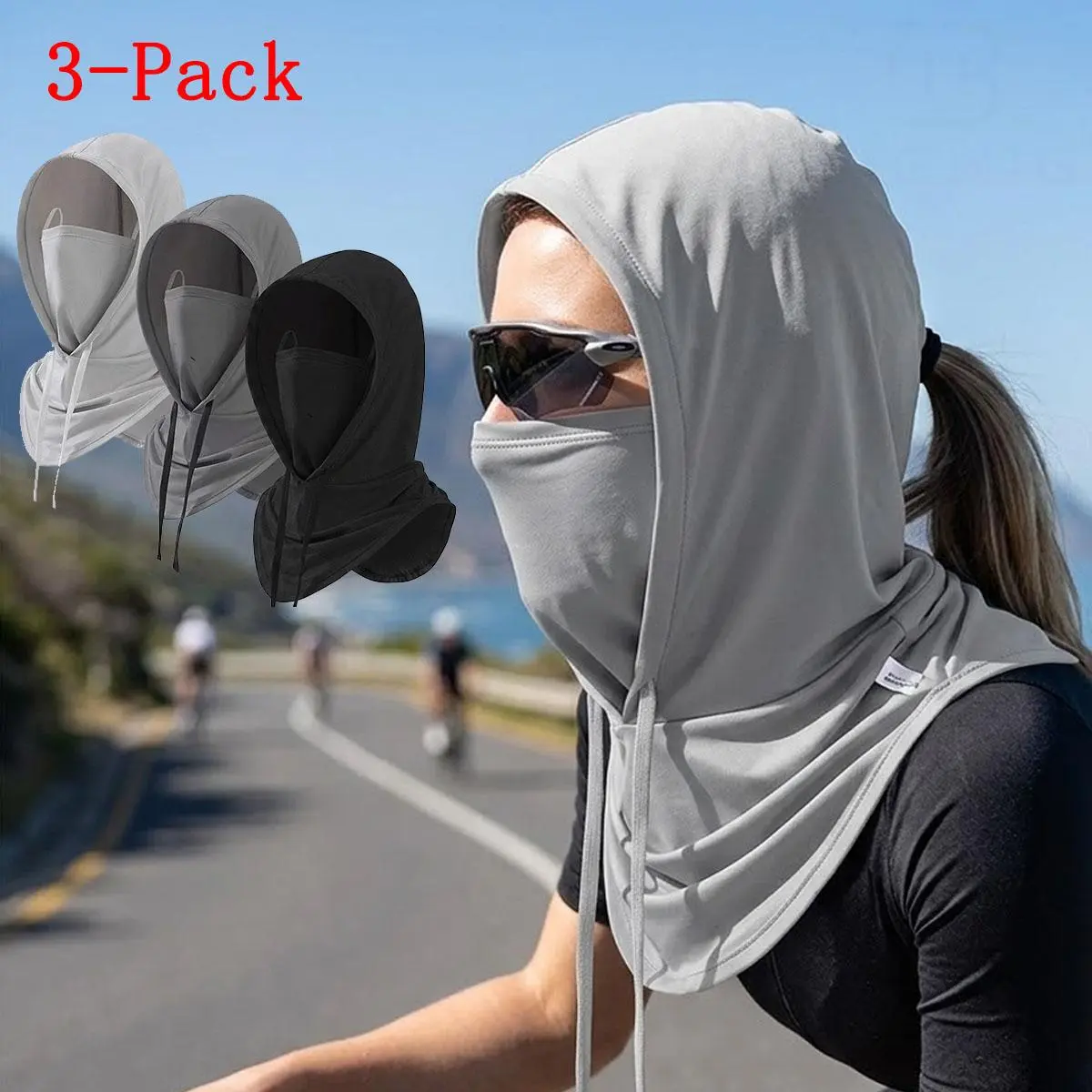 Cooling Balaclava Face Mask 3-Pack, Elastic Moisture-Wicking Sun Hood with UPF 50+ Protection for Men & Women, Full-Coverage Neck Gaiter for Outdoors & Hiking, Uv Protection, 3-Pack Grey+Black+Light Grey, 11.02 Inches Wide, Lightweight Neck Scarf, Cooling