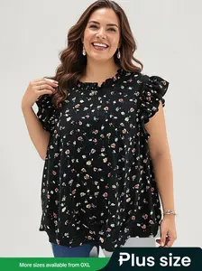 【Plus Size】 Floral Print Blouse, Elegant Chic Boho Bohemian Sleeveless Blouse for Daily Vacation Party, Women's Plus Clothing for Summer, Womenswear, Peplum Top
