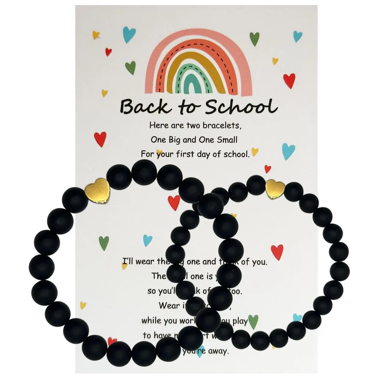 Back to School Matching Bracelets, Heart Charm Beaded Bracelet Set for Mom Daughter, Sisters and Best Friends, Adjustable Wish String Jewelry, Cute First Day School Gift for Girls, Pink Black Bracelet