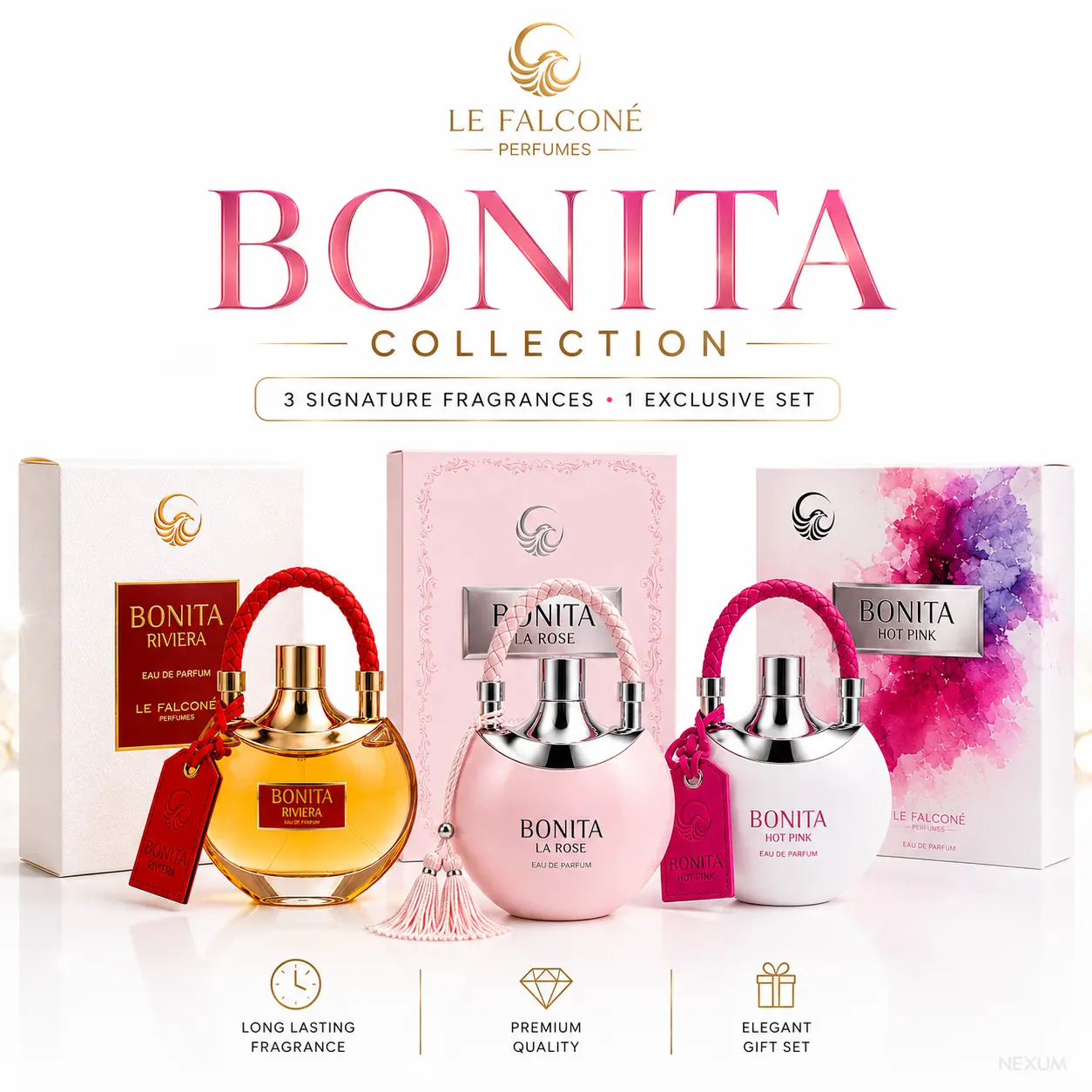 Le Falconé Bonita Collection Women's Long-Lasting Eau de Parfum Gift Set - Riviera, La Rose, Hot Pink Scents Unisex
