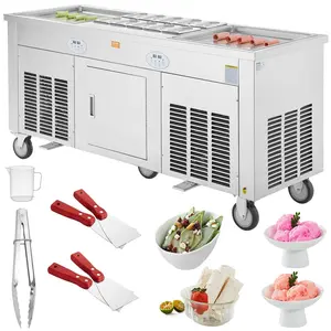 【Summervibes】VEVOR Fried Ice Cream Roll Machine,  2Pcs 17.7" x 17.7" Square Stir-Fried Ice Cream Pans, Stainless Steel Commercial Rolled Ice Cream Maker with Compressor and 4 Scrapers, for Ice Cream, Frozen Yogurt