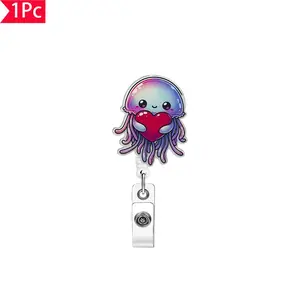 1PC Adorable Dreamy Rainbow Jellyfish Heart-Shaped Retractable Lanyard ID Holder Cartoon Ocean-Themed Name Tag Lanyard Clip Personalized Badge Holder, Perfect as a Gift