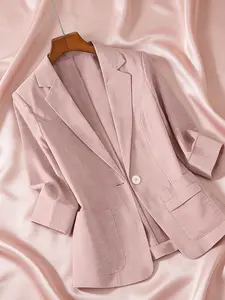 Plus Size Women's Plain Thin Fashion Jacket, Classic Seven-Quarter Sleeve, High-Quality Tailored Blazer Design, Fitted, Suitable for Spring Summer