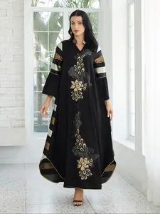 Elegant Middle Eastern Style Women's Jalabiya, Stand Collar Long Dress with Floral Patchwork, Perfect for Parties and Daily Wear