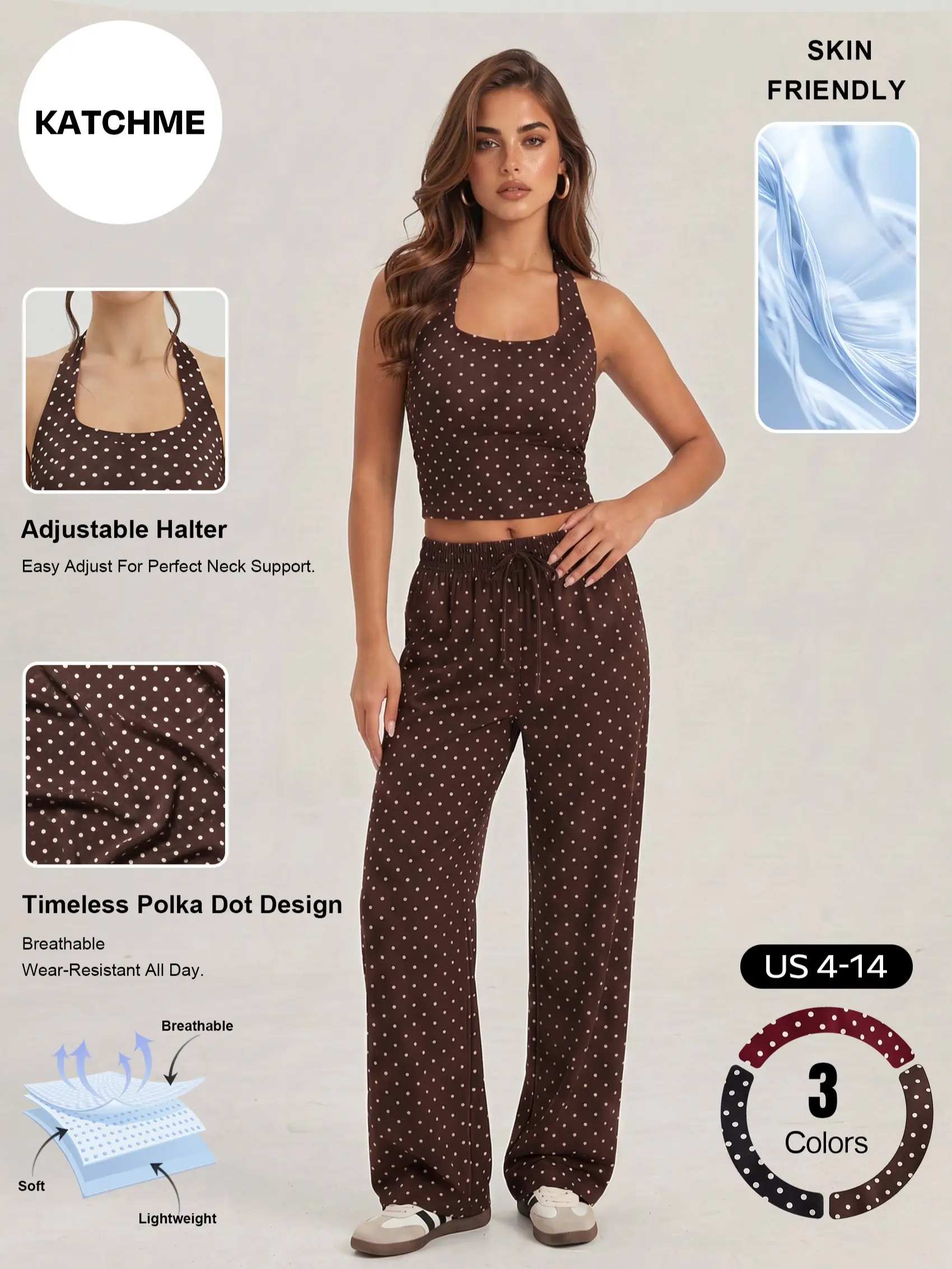 Katch Me Chic Women's Polka Dot Adjustable Halter Crop Top & Drawstring Waist Wide Leg Trousers Co-ord, Lightweight Pill-Resistant   2-Piece Set, Skin-Friendly, Flexible   Summer   Going Out Outfit #TikTokMadeMeBuyIt #SummerEssentials #MatchingSet