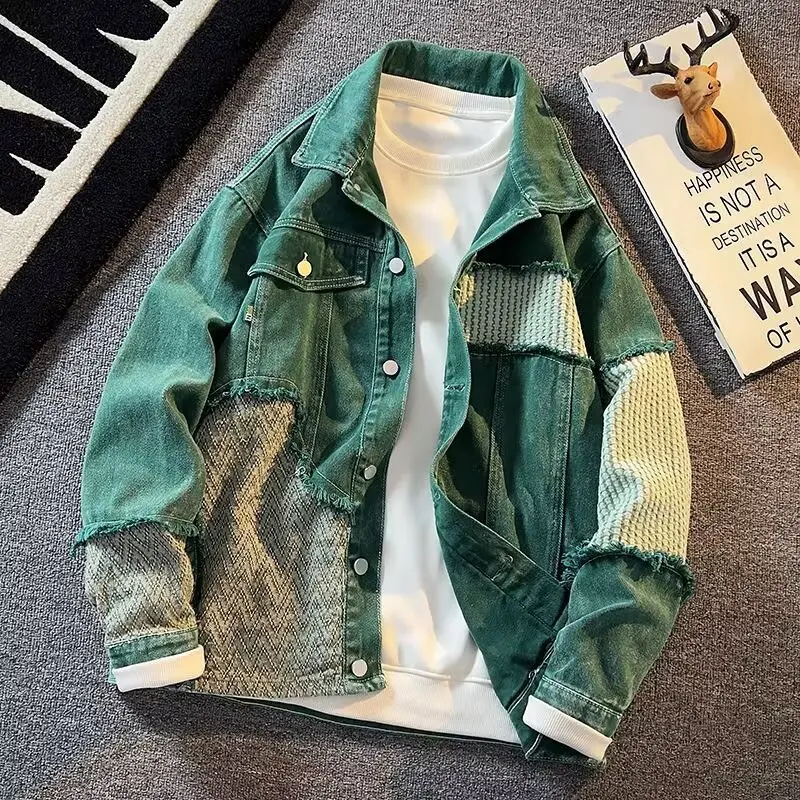 Men Denim Patchwork Jacket SpringAutumn High Street CoatCasual Loose Jeans To clothing Streetwear new bomber baseball jacketretro mecha