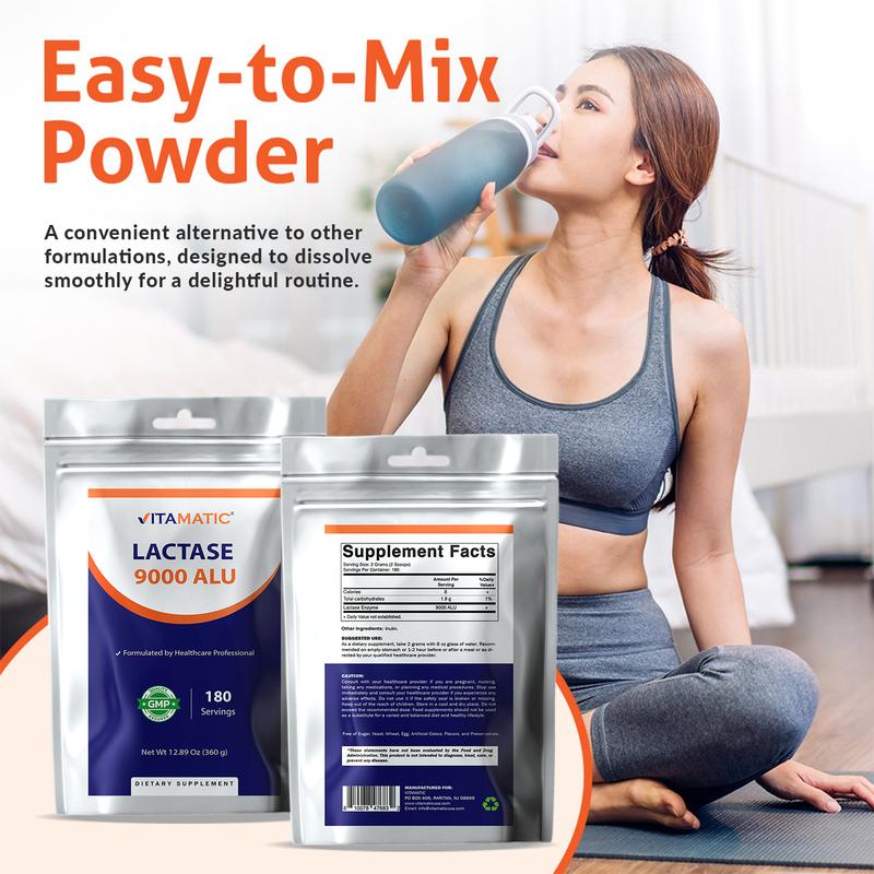 Vitamatic Lactase Enzyme Powder 9000 ALU Per Serving 180 Servings Supports Lactose Digestion Non-GMO Gluten Free Formulated by Healthcare Professional Vitamin Dietary