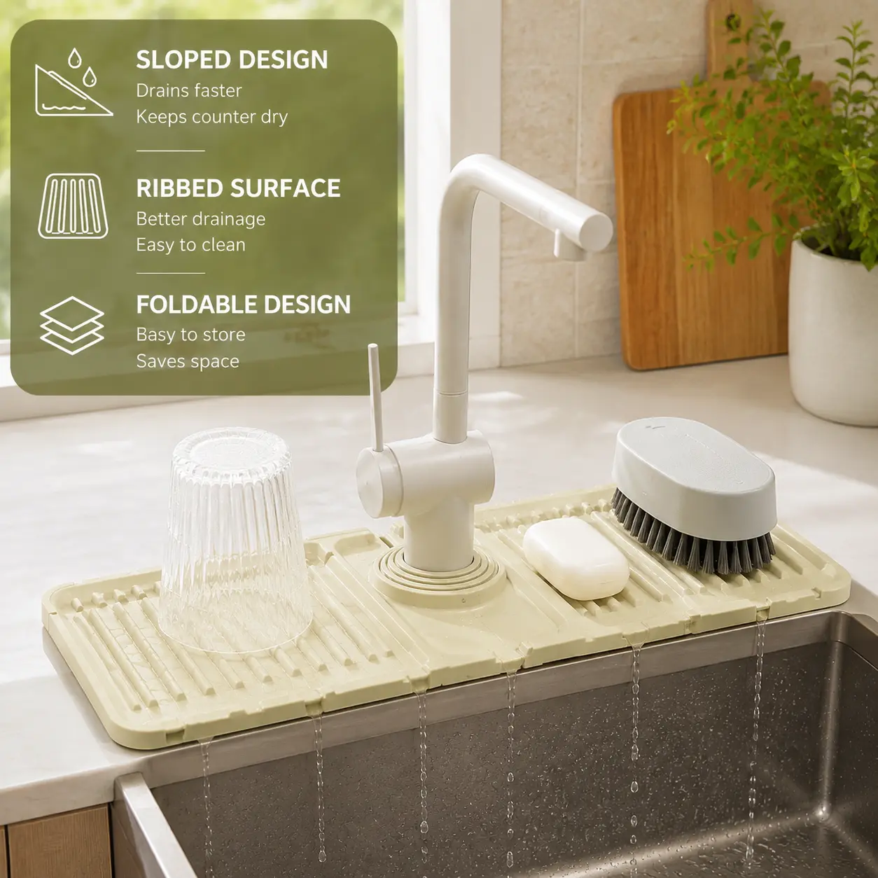1-Count Sink Faucet Drain Mat, Foldable Self-Draining Sloped Ribbed Mat for Kitchen Countertop Sink Drainage, Holds Cups, Soap, Cleaning Utensils, Foldable Mat
