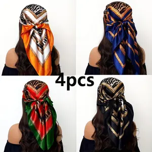 1/4 set: Women's leopard print headscarf, gold-edged geometric pattern square scarf, sleep headscarf, decorative scarf, multi-functional usage