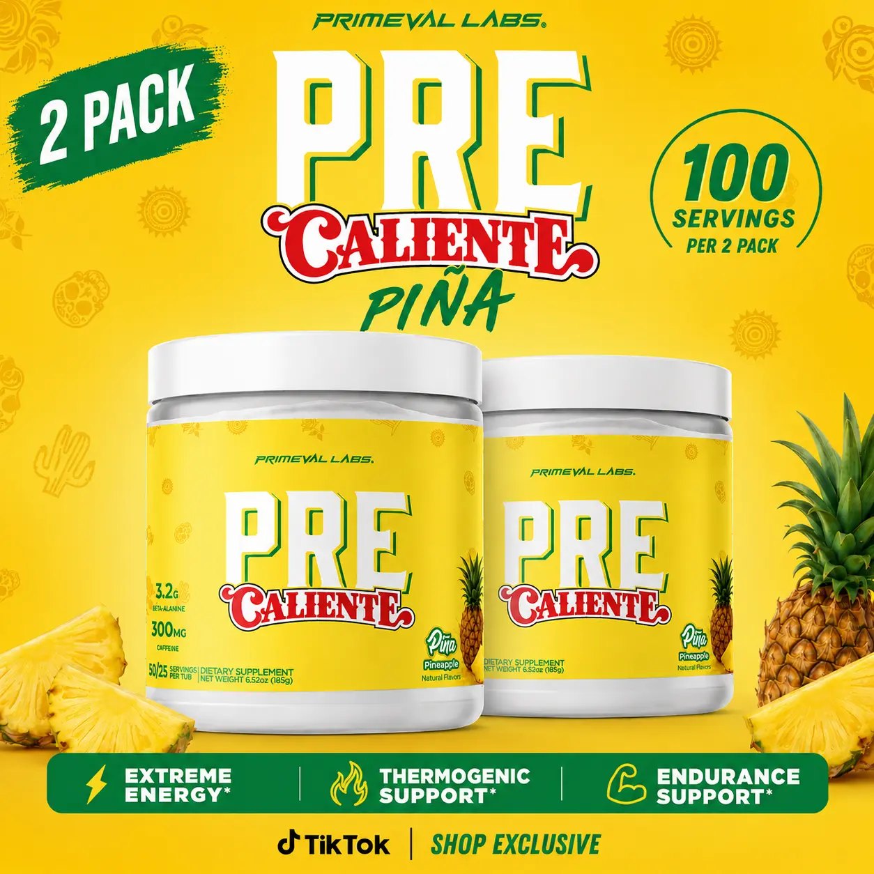Primeval Labs PRE Caliente Pre-Workout 2 Pack | 100 Servings | Energy, Endurance & Thermogenic Support | Piña Flavor