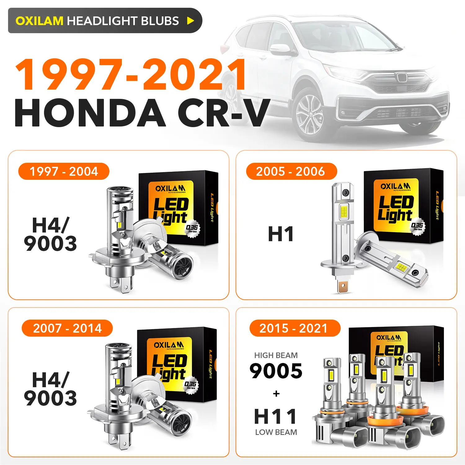 1997-2021 Honda CR-V LED Headlight Bulbs, 44000LM 6500K Cool White,60,000Hrs Long Service Life,H4/9003 H1 9005/HB3 H11 OXILAM LED Headlights with Cooling Fans,Anti-glare,No error,CANBUS Ready,No Flickering, Plug and Play