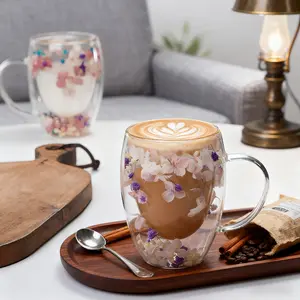 Unique Dual-Layer Transparent Glass Coffee Cup, Cute Floral Tea Cup for Women, Flower Pattern Mug for Hot & Cold Drinks, Cappuccino, Latte, Espresso, Juice, Stylish Glass Cups