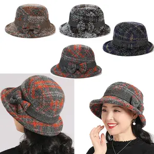's Vintage Tweed Hat - Windproof Warm Wide Brim Bucket Cap with Elastic Fit, Plaid (Brown/Black/White/Gray/Blue) - Felt-Like Dome for Ladies, M (56-58cm), Machine Washable Winter Outdoor Hat