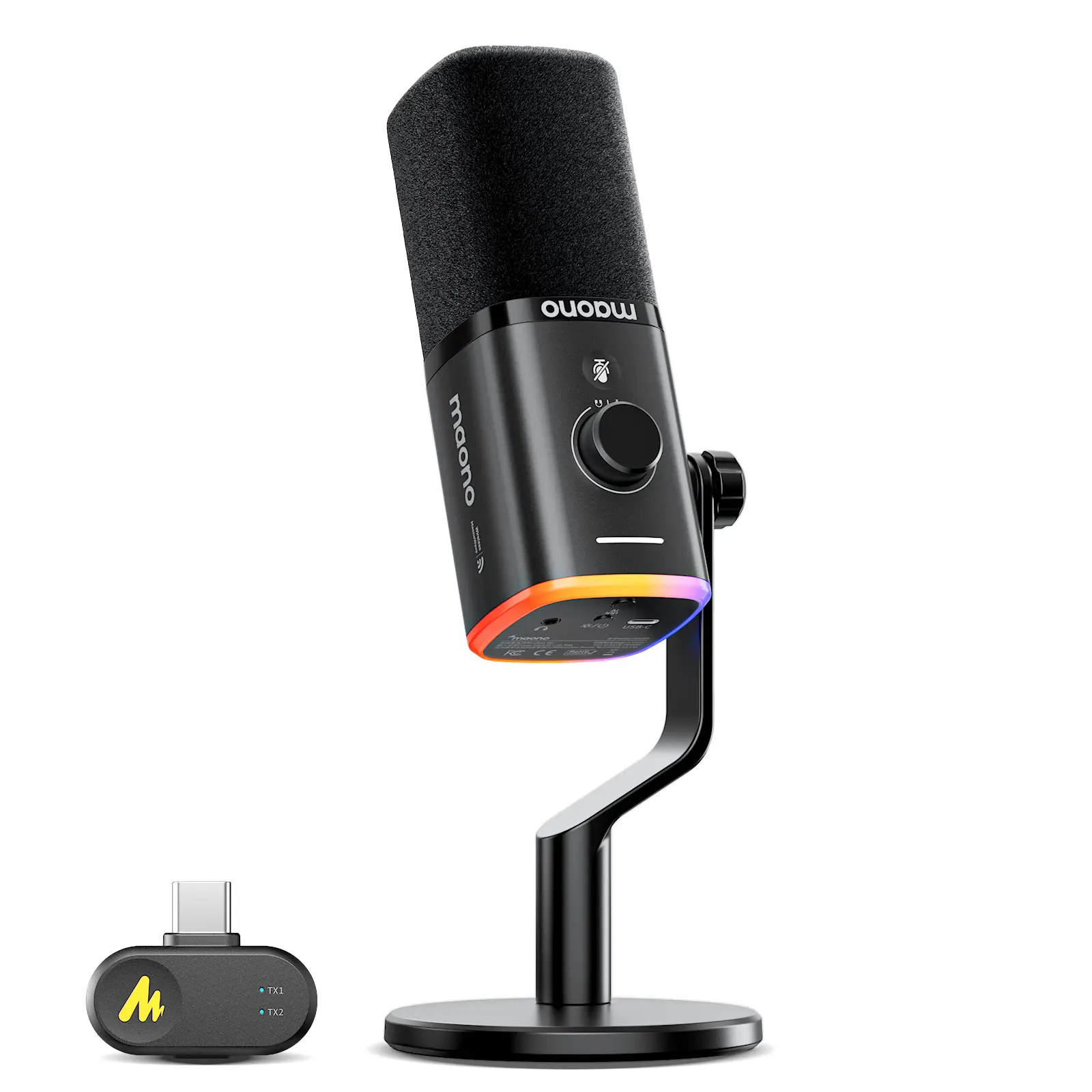 MAONO PD100W Wireless & Wired Gaming Microphone -Saving Desktop Mic with Charging, High-Quality Audio, Quick Mute, Headphone Jack, Gain Knob, Volume Control, Dynamic RGB for PC Gamers, Compatible with PCs, Smartphones, Laptops, PS4, PS5, C