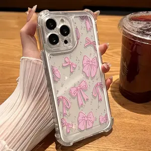 A Soft, Transparent, Four-Cornered, Shockproof Pink Bow-Patterned Phone Case Suitable for Apple Series 11/12/13/14/15/16 Pro Max And Samsung Series A05/A15/A25/A35/A55/S23/S24 Ultra. Compatible with Galaxy A56 5G