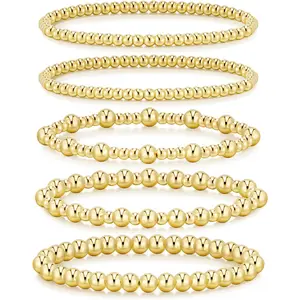 Gold Bracelets for Women, 14K Gold Plated Beaded Bracelets Strand Gold Stretch Bead Ball Bracelet stack Set Adjustable Gold Jewelry for Women Gift