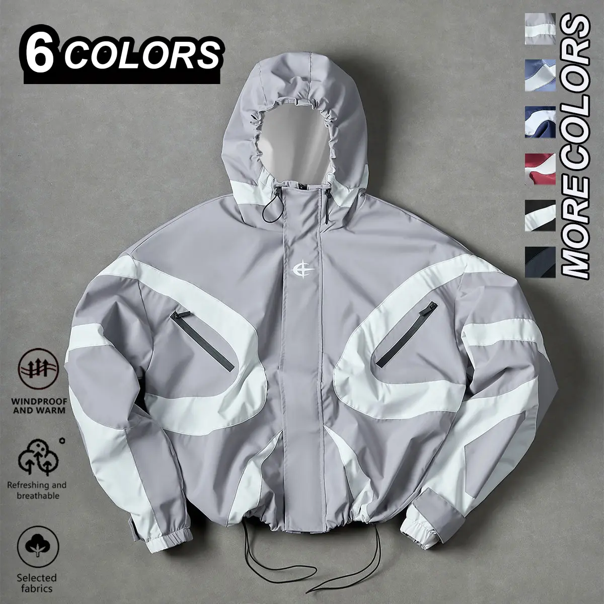 Clean Gent Men’s Y2K color-block hooded windbreaker jacket, regular fit, loose yet comfortable, a street-style top, features a zipper closure and drawstring hem, suitable for everyday outings and outdoor leisure.