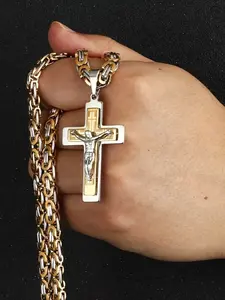 Men's Stainless Steel Fashion Pendant, Three-Layer Cross Necklace, U-Shaped Handmade Flat Design, Steel Color Jewelry