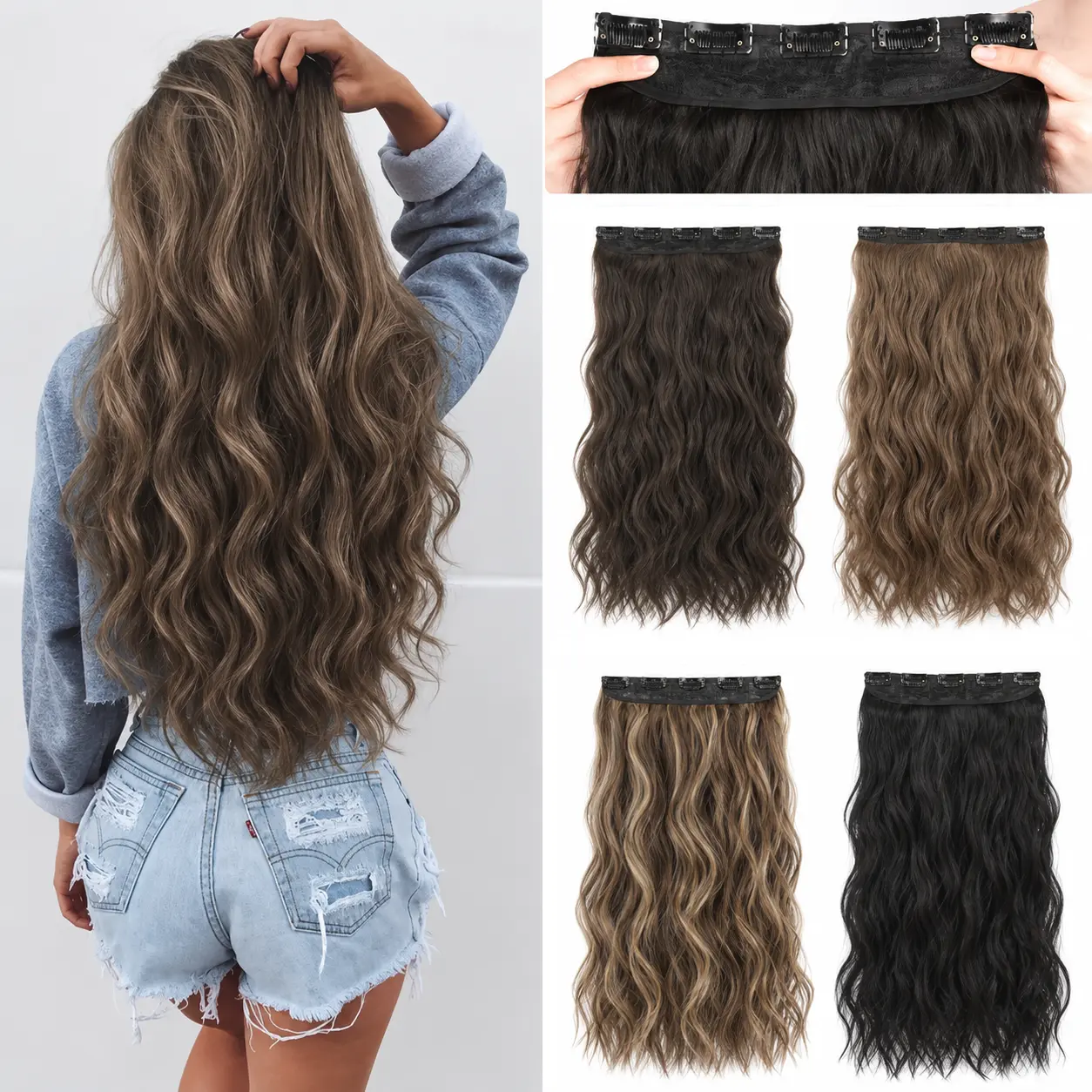 [Plodon] Natural Black Clip-in Hair Extension — 24/20/16 Inches | Single-Piece (5-Clip) Set | Natural, Silky-Smooth Texture | Seamless Blending Effect | Long Wavy Hairpiece