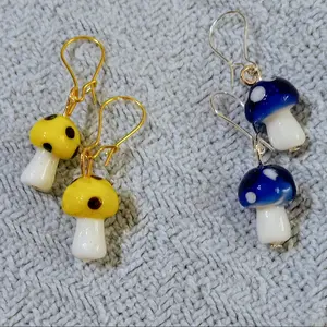 handmade glass mushroom earrings in blue yellow or white