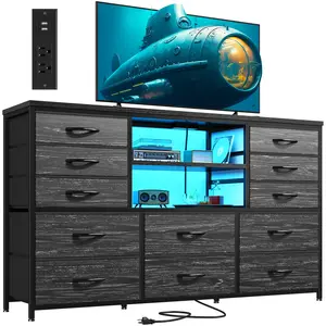 【Deals for you Days】Raybee Modern 10–12 Drawer Fabric Dresser for Bedroom, Wide Storage Dresser Organizer & Drawer Chest with LED Lights and Charging Station,45-Inch TV Stand Dresser with Large-Capacity Drawers for Living Room,Closet,Entryway & Home Décor