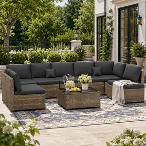 5/7-Piece Outdoor Patio Conversation Sofa Set, PE Rattan Wicker Furniture with Cushions and Table, Weather-Resistant Sectional Sofa Set for Porch, Deck, Garden & Backyard