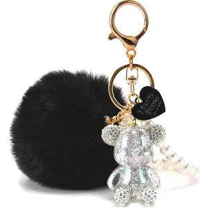 Kawaii Cute Bear Keychain for Women, Bling Gummy Teddy Bear Pom Pom Key Chain Girly Wristlet Keychain for Backpack