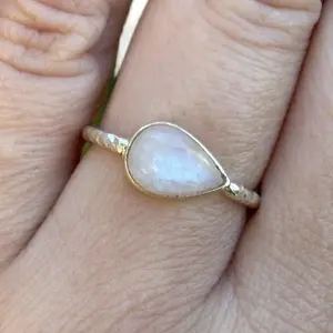Sterling Silver Pear-Shaped Rainbow Moonstone Ring with Textured Band