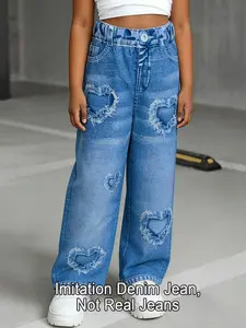 Girls' Retro Heart Print Imitation Denim Look Jeans Casual Loose Straight Fit Soft Fabric Stylish Faux Jeans Straight-Leg Trousers for All Seasons