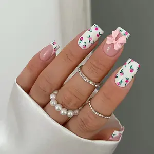 24pcs Long Square Nail Art Stickers, Floral Bow Design, Glossy Finish, Removable Wearable Nails, Perfect for DIY Manicure