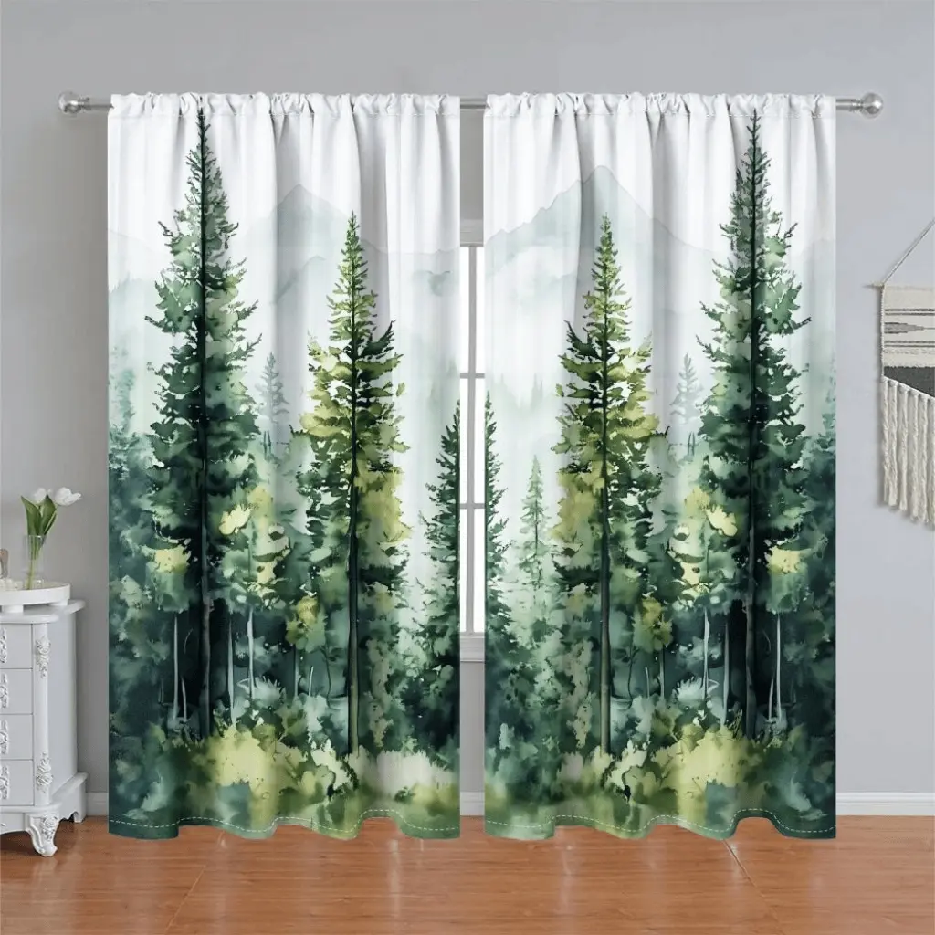 2Pcs watercolor mountain pine forest print window curtain panels, nature landscape style, pole pocket design, semi sunshade, suitable for home living room, bedroom, balcony, kitchen, study and shower window decoration, accessory, anti privacy.