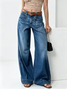 Wide Leg Jeans for Women Mid Waist Baggy Stitch DecorDenim Washed Pants Without Belt Medium Blue trendy