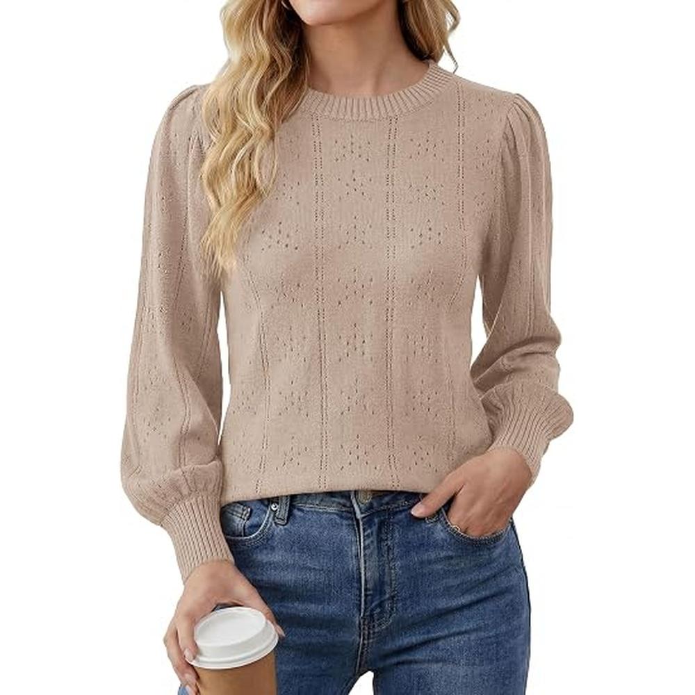 PRETTYGARDEN Women Fall Fashion Hollow Out Holiday Sweaters | Stretchy Cozy Knit, Puff Long Sleeve Pullover Tops, Crewneck Loose Fit, Dressy Casual Blouse, Trendy Winter Going Out Outfits#SohoChic