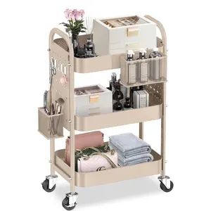 3 Tier Rolling Cart with DIY Pegboards Cart with Wheels Handles Baskets, Craft Cart for Office(Khaki)
