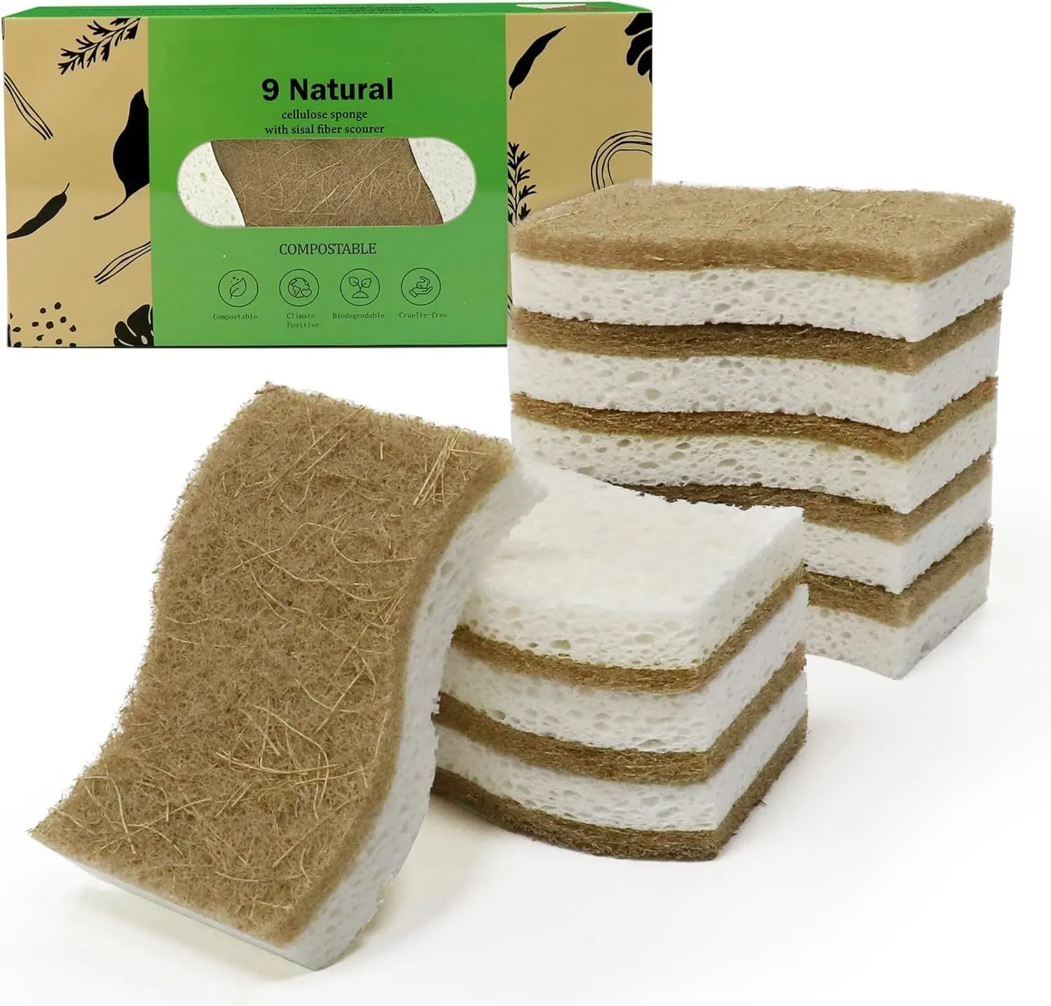 9 Pack Biodegradable  Kitchen Sponge - Compostable Cellulose and Coconut Walnut  Sponge -  Sustainable Sponges for Dishes
