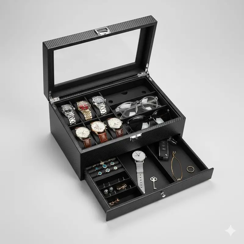 GUKA Carbon Fiber Classic 6-in-1 Multi-Purpose Jewelry Box & Organizer - 6 Watch Slots, 3 Sunglass Slots, Tie Holder, Compartment, Real Glass Lid, Inner Fabric Guards, Storage Drawers, Business/Father’s Day Gift (Jewelry Organization Solution)
