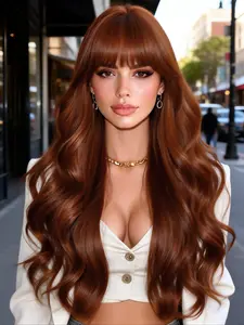 Elegant Auburn Curly Wig with Bangs, Heat Resistant Synthetic Fiber, 26 Inch Fashionable Women's Wig for Daily Wear and Parties