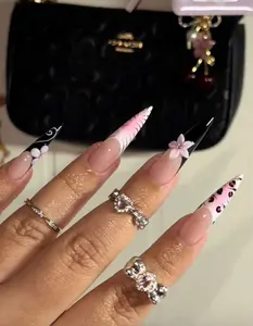 Pink Black Stiletto Press On Nails | Y2K French Tip Ombre | 3D Flower Leopard Design | Long Glossy Fake Nails