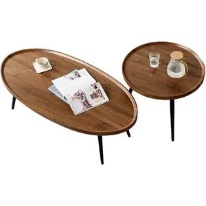 Nesting Coffee Table Set of 2, Walnut Coffee Tables for Living Room, Farmhouse End Tables Mid Century Modern Wood Circle Center Table for Living Room Bedroom Balcony