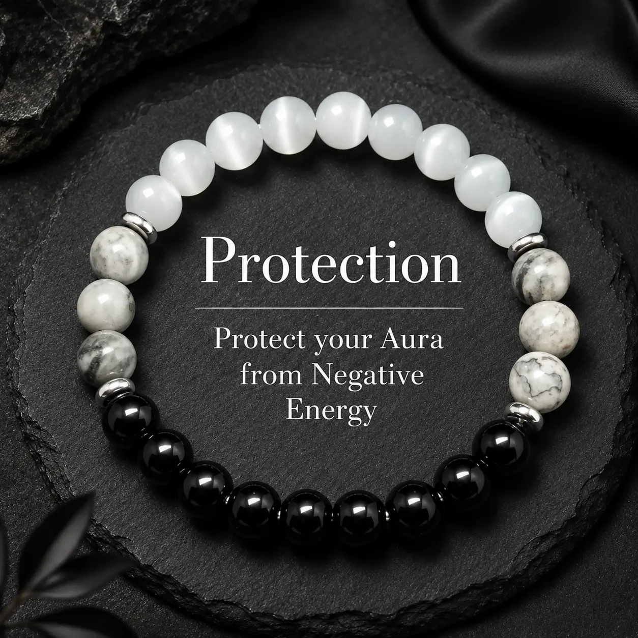 Elegant Unisex Spiritual Protection Stretch Bracelet - Cat's Eye, White Marble Beaded Bracelet for Negative Energy Aura Healing