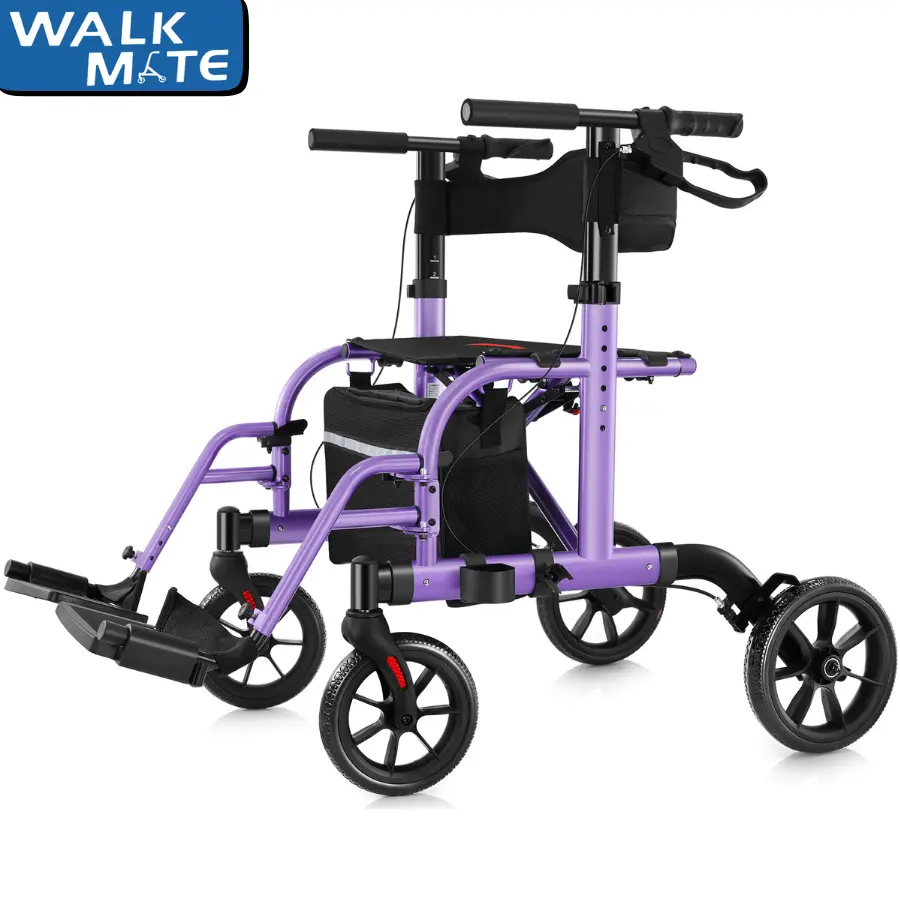 WALK MATE 2-in-1 Foldable Rolling Rollator Walker Transport Chair for Seniors, 10 inches Wheels Medical Rollator with Widen Seat Backrest, Detachable Adjustable Non-Slip Footrests, Purple