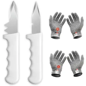 2PCS Oyster Shucking Knife + 4PCS A5 Cut-Resistant Gloves(2M+2L),8" Oyster Knife With Extended Ergonomic Handle,Stainless Steel Oyster Shucker Tool Oyster Opener Tool Oyster Shucking Kit Kitchen Utensils